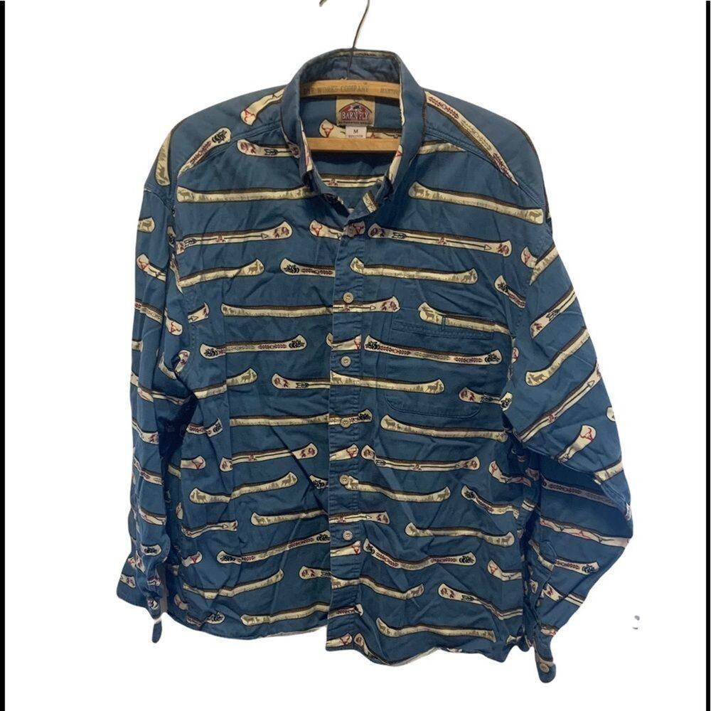 Vintage Barn Fly Button Up Shirt All Over Canoe Print Navy Blue Brown Men's Med
